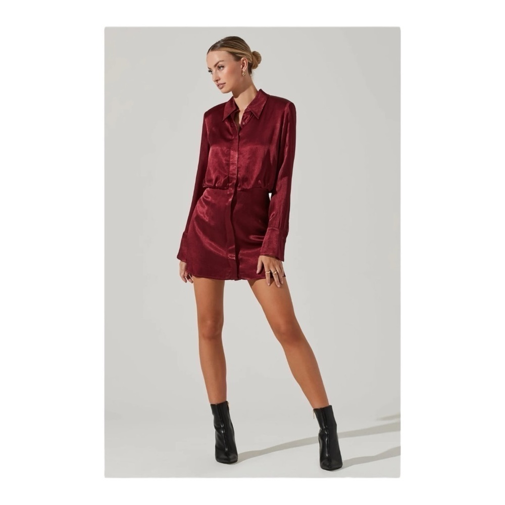 ASTR the Label Ruth Satin Shirt Mini Dress in Wine NWOT